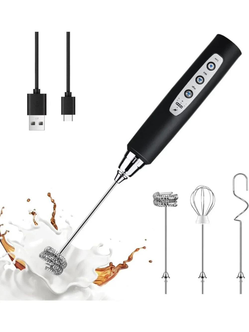 Rechargeable Black Handheld Milk Frother Wand - 3 Speeds, 3 Heads for Coffee